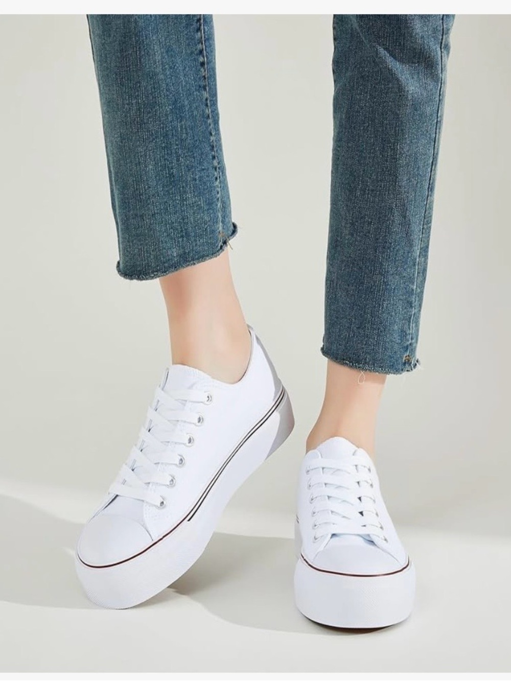 Classic Low-Top platform Canvas women’s Sneakers in White with Red Trim 8